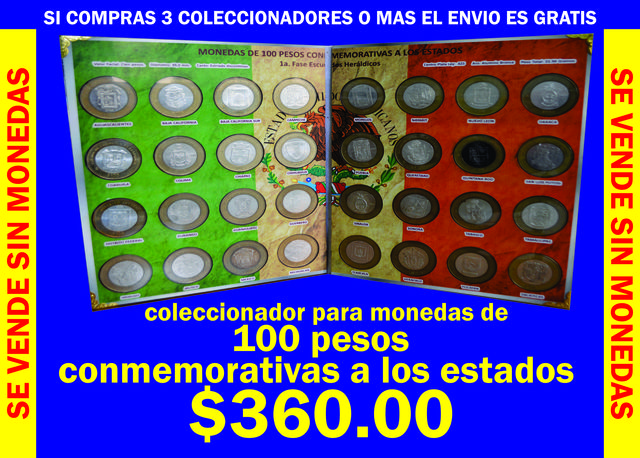 coleccionador para monedas de la serie MONEDAS DE 100 PESOS Conmemorativas a la unión de los estados (fase 1 o Fase 2).  Con micas deslizables para protección de la moneda