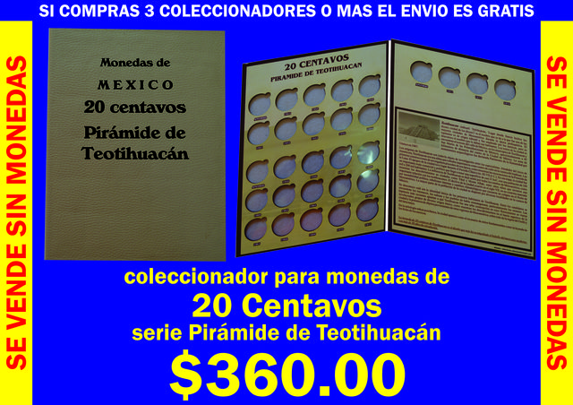 coleccionador para monedas de la serie 20 CENTAVOS PIRAMIDE DE TEOTIHUACAN.  Con micas deslizables para protección de la moneda
