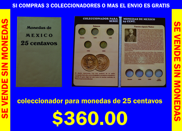 coleccionador para monedas de la serie DE 25 CENTAVOS (BALANZAS Y MADEROS.  Con micas deslizables para protección de la moneda