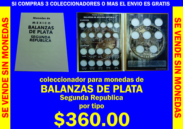 coleccionador para monedas de la serie BALANZAS DE PLATA, Segunda república POR TIPO.  Con micas deslizables para protección de la moneda