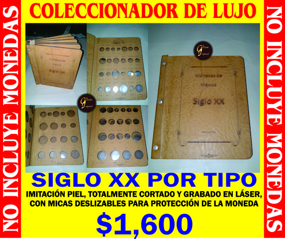 ALBUM SIGLO XX POR TIPO, imitación piel grabado y cortado en láser con micas deslizables para protección de la moneda
